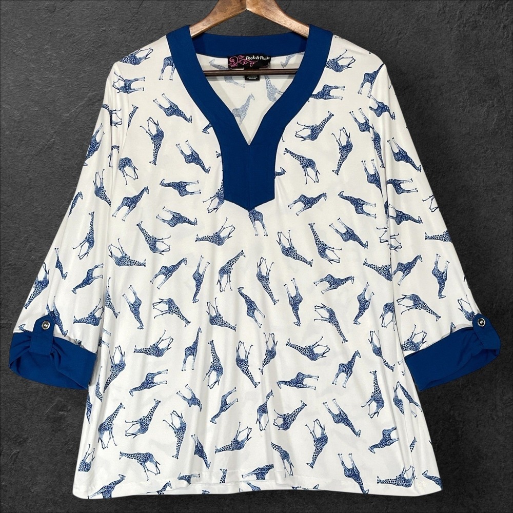 Peck & Peck Tunic Top Womens Large White Teal Giraffe Print Roll Tab Excellent